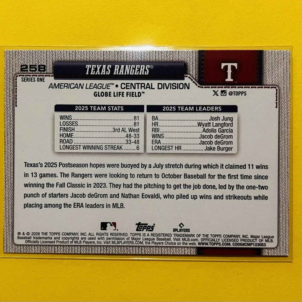 2026 Topps Series 1 Celebration Texas Rangers #258 Confetti Foil Team Card‎